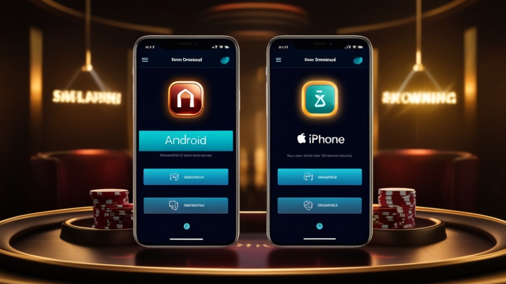 Smartphone zeigt Download-Optionen für Android und iPhone in dunkler Casino-Atmosphäre