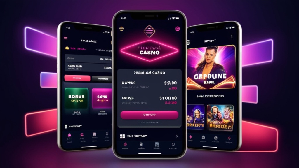 Smartphone zeigt Konto-, Bonus- und Spielbereiche der Casino-App