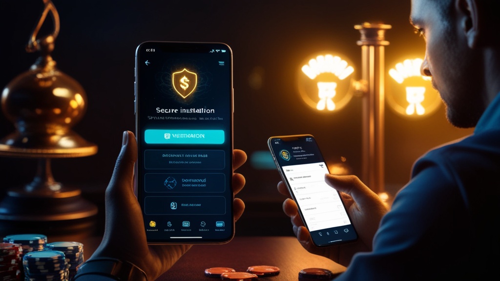 Smartphone mit sicherem App-Installationsbildschirm in dunkler Casino-Atmosphäre